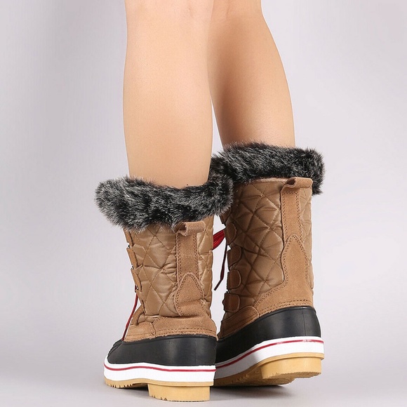 NEW🔥 Waterproof Lace Up Faux Fur Snow Mid Calf Duck Boots Rubber Lug Platform - Picture 5 of 6